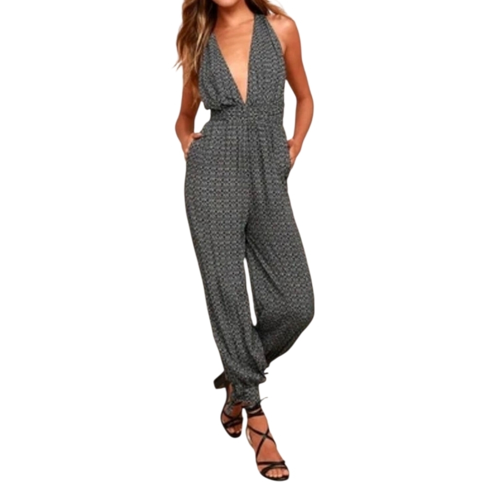 Re:named Take a Trip Black and White Print Halter Jumpsuit Rayon Size Small